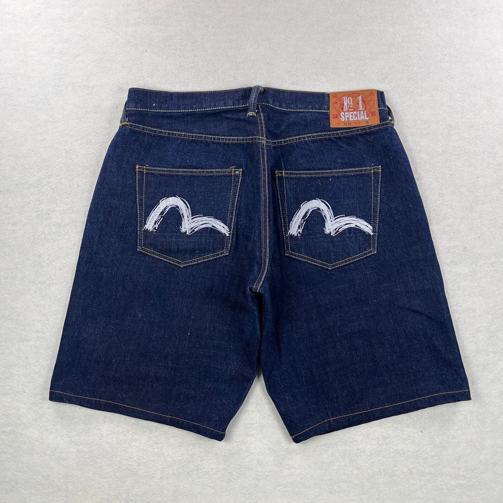 Evisu No 1 Special Lot 0101 Mens Indigo Selvedge Denim Shorts Painted 38x13